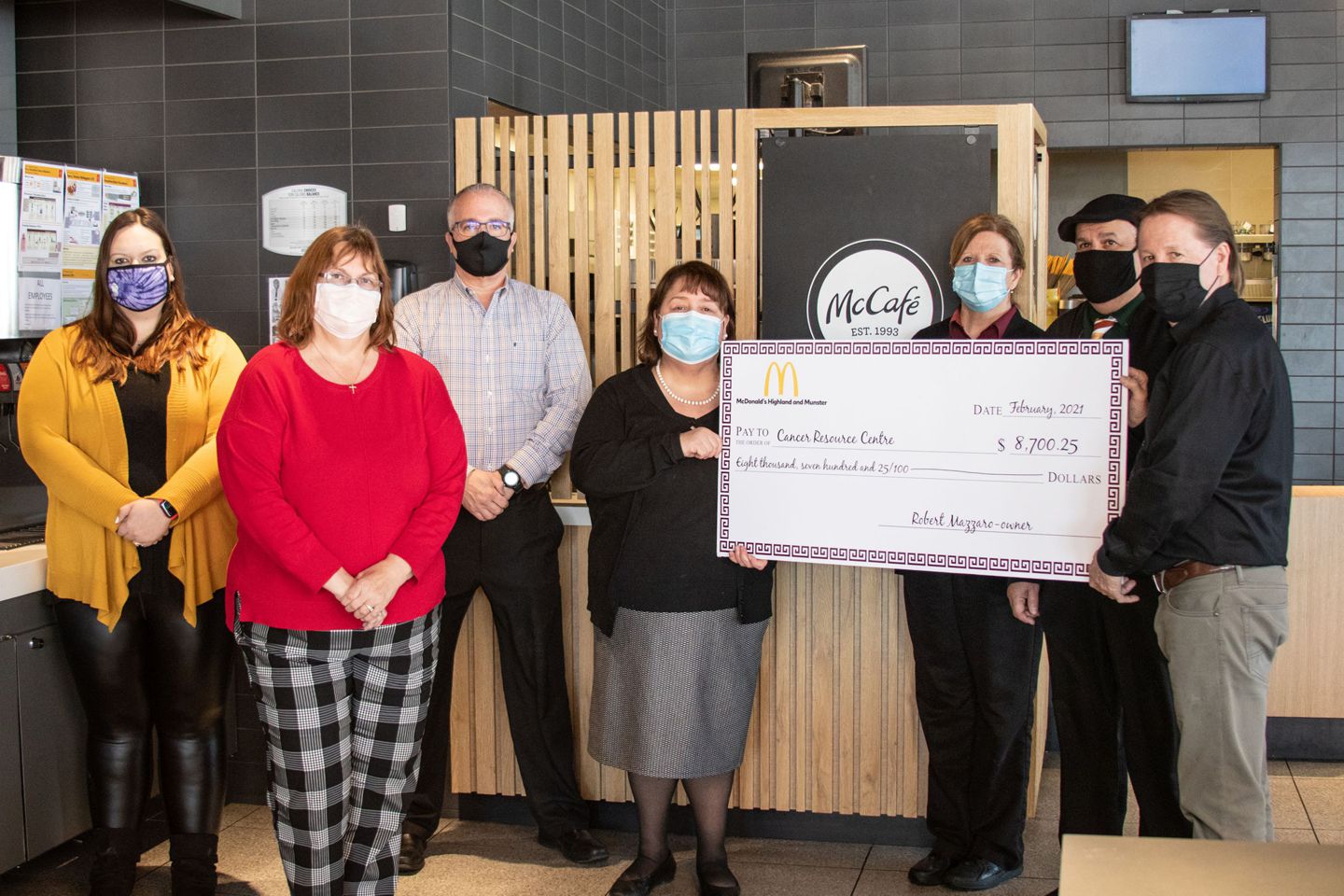 On hand to accept the donation (left to right) Vita Ayala, outreach coordinator, Roxy Propeck, manager of  cancer resources & clinical trials, Anthony Andello, manager of outreach, Cancer Resource Centre, Marie Macke, administrator, cancer care, Community Healthcare System, Robert Mazzaro, McDonald’s owner, Vickie Taylor, supervisor, and Jose Martinez, training manager.